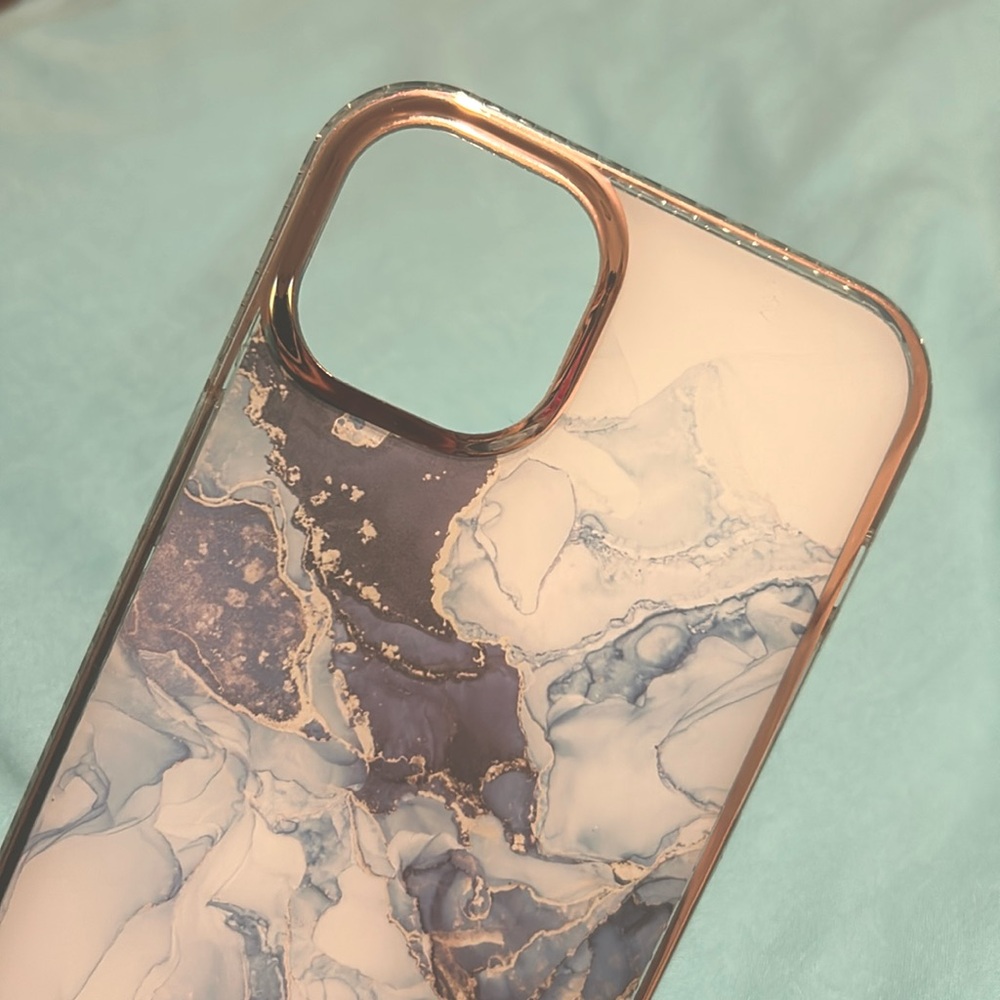 iPhone 14 Plus Case - Denim/ Blue / Marble Watercolor / Gold Rim
